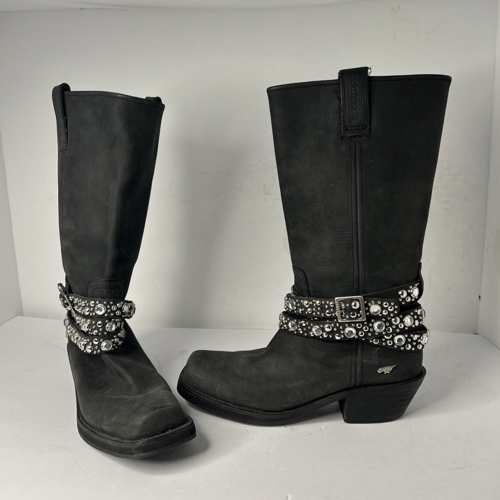 Sz 8 - ROCKET DOG Black Leather Silver Studded‎ Rhinestone Buckle Biker Boots